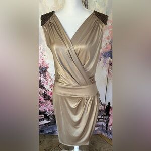 Cache - Elegant Muted Gold Wrap Dress with Shoulder Beading Detail. Size M